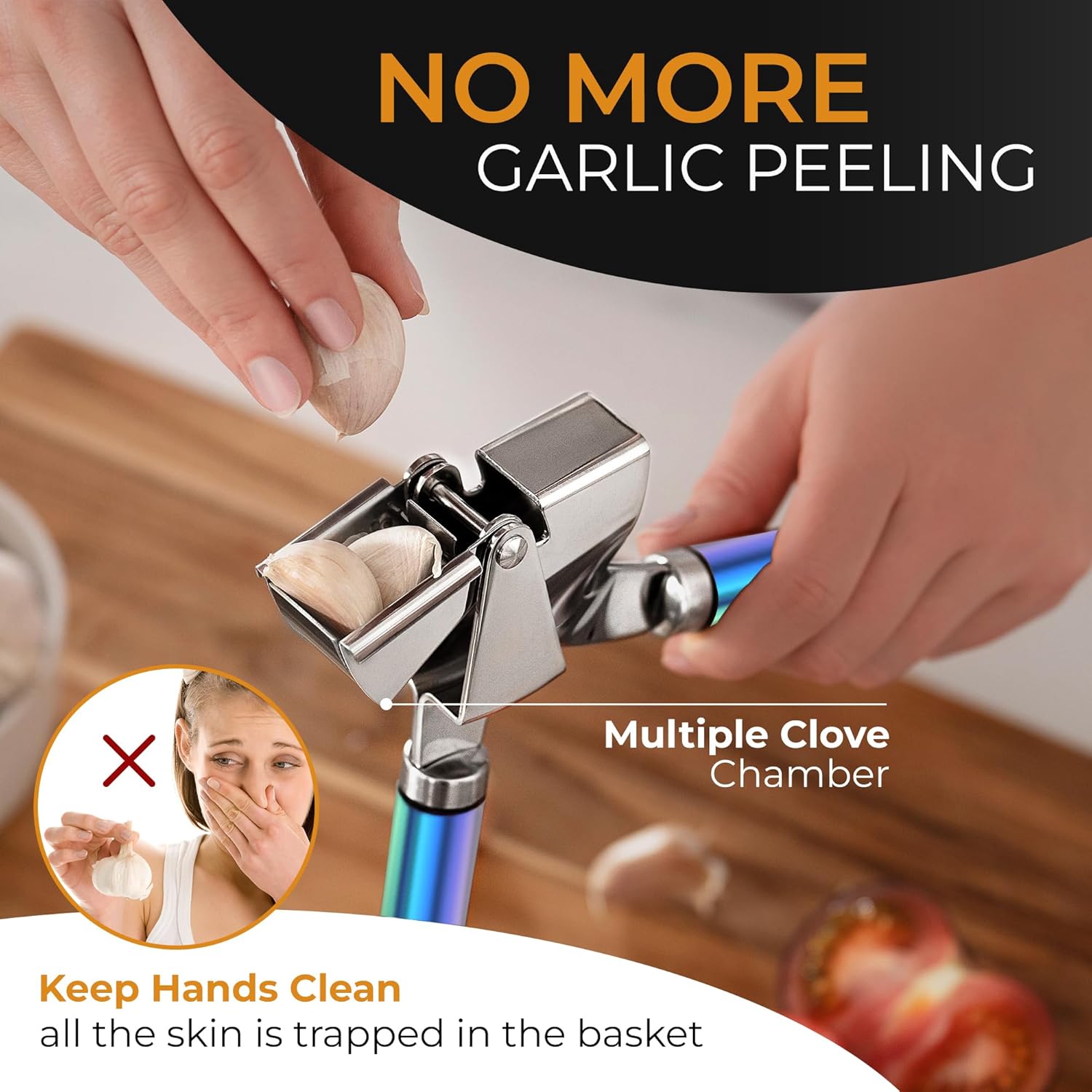 ORBLUE Garlic Press Stainless Steel - Premium Professional Grade Garlic Mincer, Crusher & Peeler Set - Easy Clean, Dishwasher Safe & Rust-proof, Multi-colored - Culinary Roots