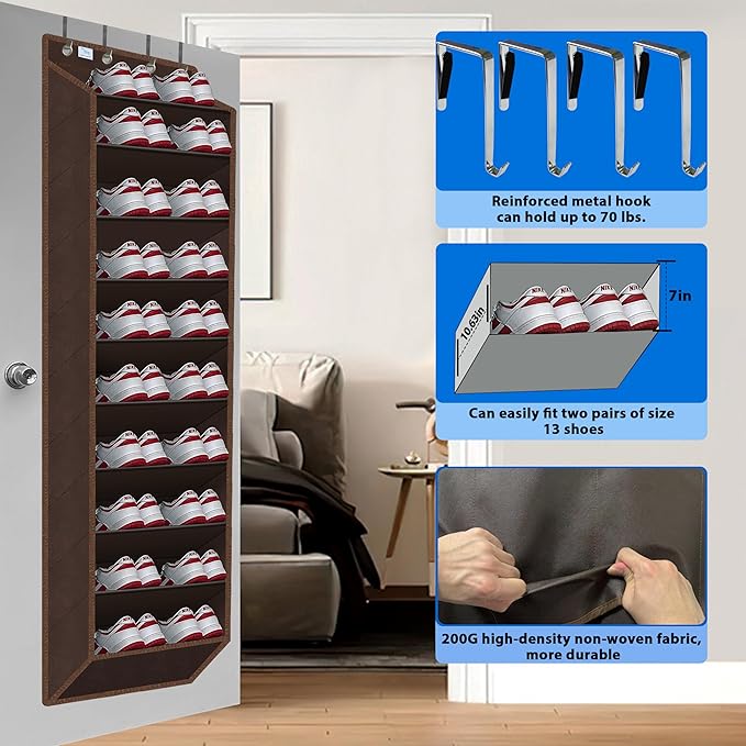 Over The Door Shoe Organizer, 70 Pounds Large Capacity, 20-30-Pair shoe organizer, Heavy Duty-Extra Deep Pockets ,Anti-Scratch Hooks & FSC-Certified Bamboo ,Engineered for Men’s Size 13 shoe,coffee