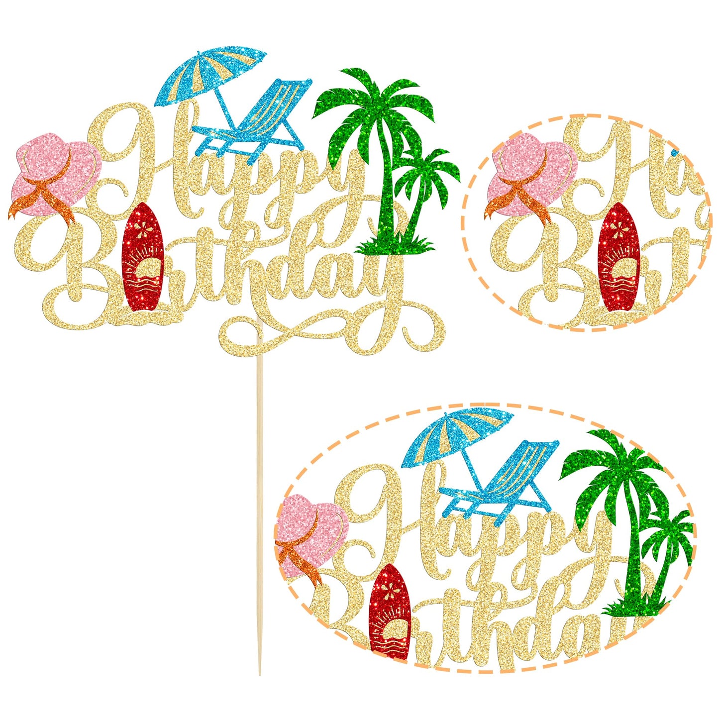 1Pcs Summer Beach Happy Birthday Cake Topper Glitter Ball Tree Umbrella Pool Cake Pick for Hawaiian Holiday Baby Shower Birthday Party Cake Decorations Supplies Gold