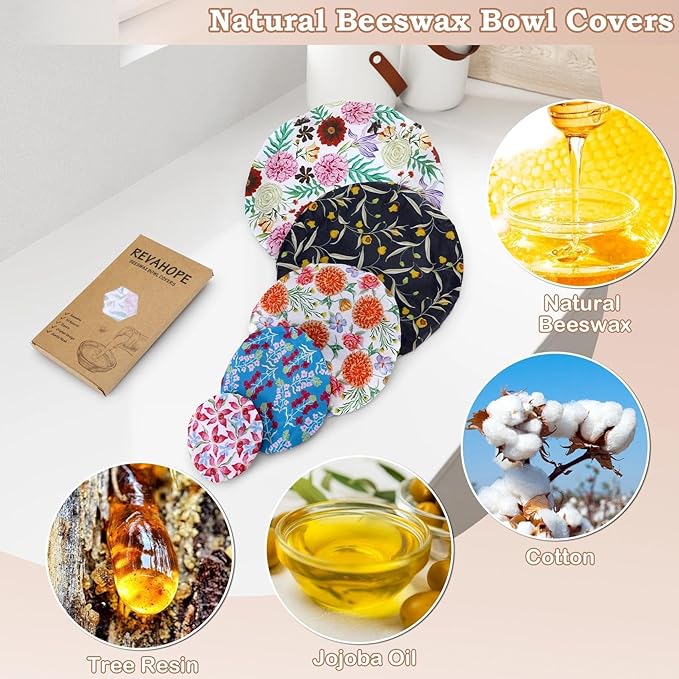 5-Size Reusable Beeswax Bowl Covers for Bread Proofing, Cotton Cloth Flexible Beeswax Wraps for Food Storage(Colorful Floral)