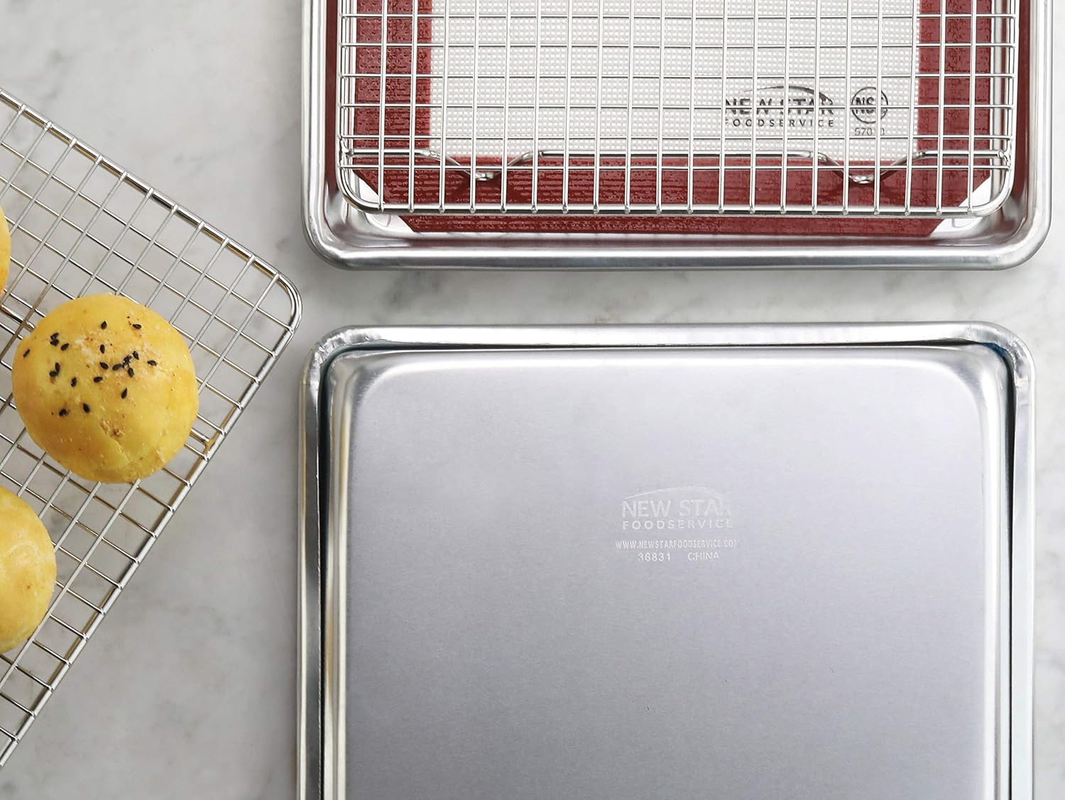 New Star Foodservice 1028768 Commercial-Grade Bun Pan/Baking Sheet, Baking Mat, Cooling Rack Combo, 1/8 and 1/4 Sizes Each - Culinary Roots
