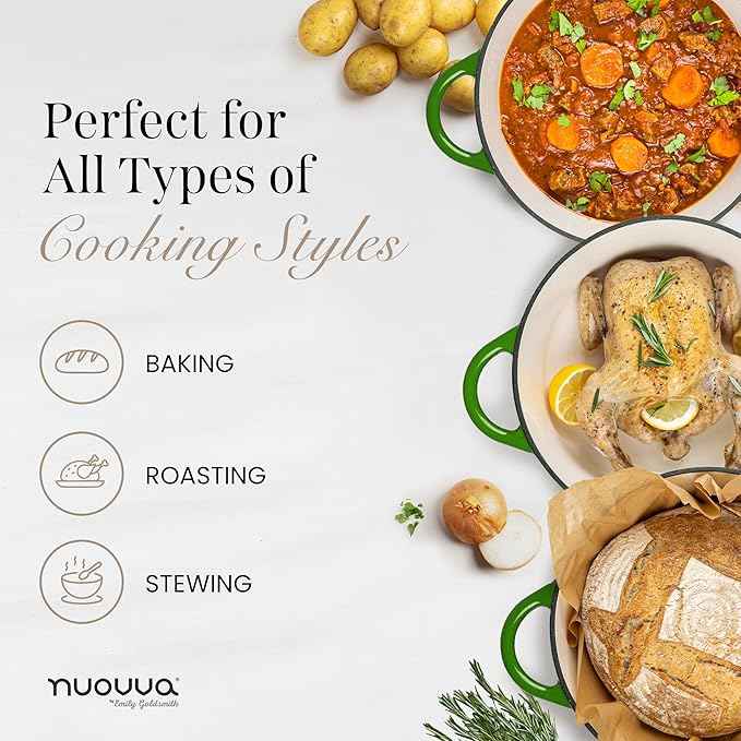 Nuovva Enamelled Cast Iron Dutch Oven Pot with Lid – 6.4 Quart Non Stick Casserole Pot – Heavy Duty & Oven Safe up to 500° F for Bread Baking, Braising, Stews, Roasting – 28cm Green