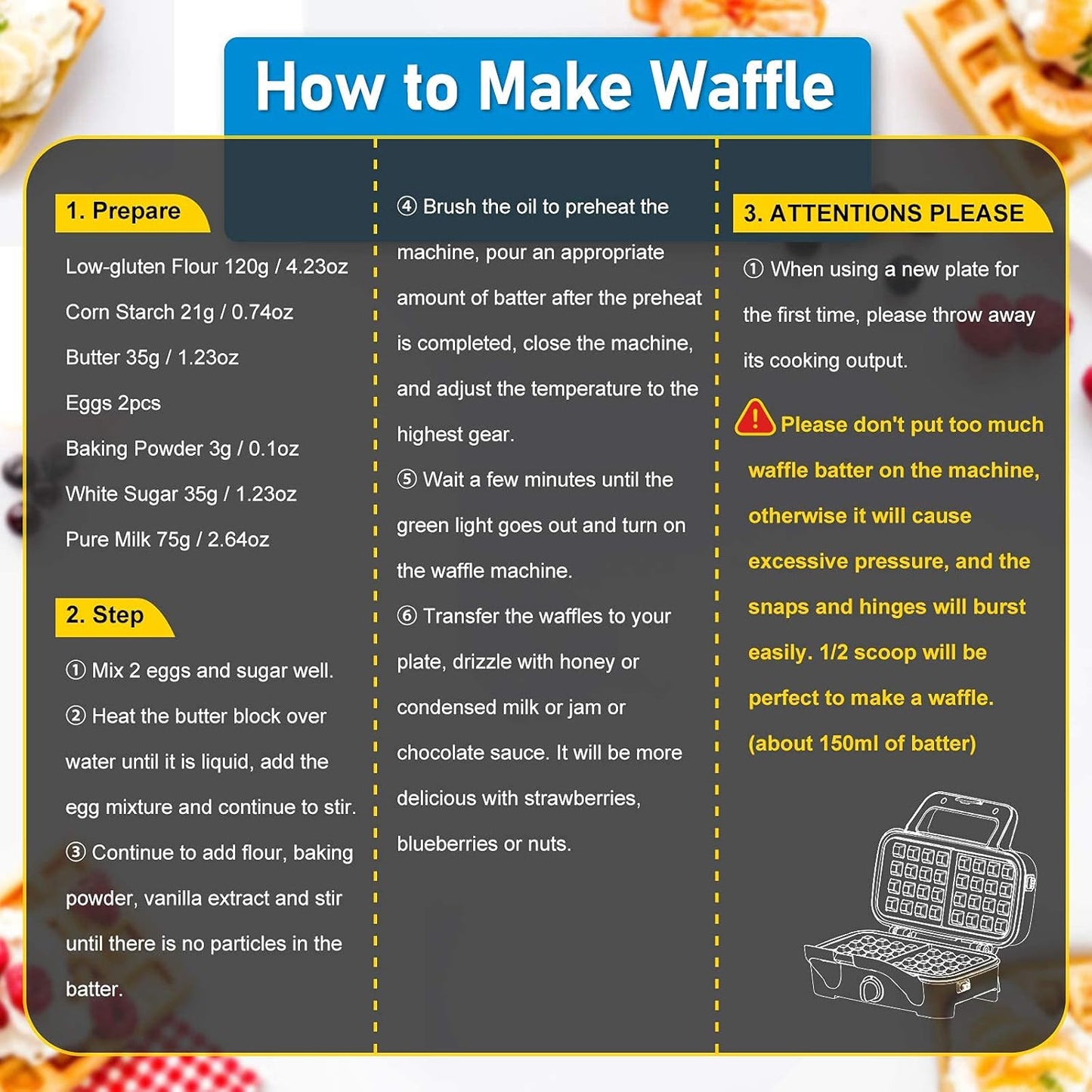 Waffle Makers, 3-in-1 Waffle Iron Panini Press Sandwich Maker with Removable Plates, 5-gears Temperature Control Non Stick Coating Cool Touch Handle Anti-skid Feet for Breakfast 1200W 120V