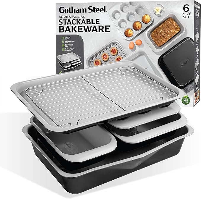 Gotham Steel 6 Pc Stackable Baking Pans Set, 70% Space Saving Design, Ceramic Bakeware Sets Non Toxic Made Without PFOA PFOS, with Cookie Sheet Tray, Cake & Muffin Pans, Oven & Dishwasher Safe