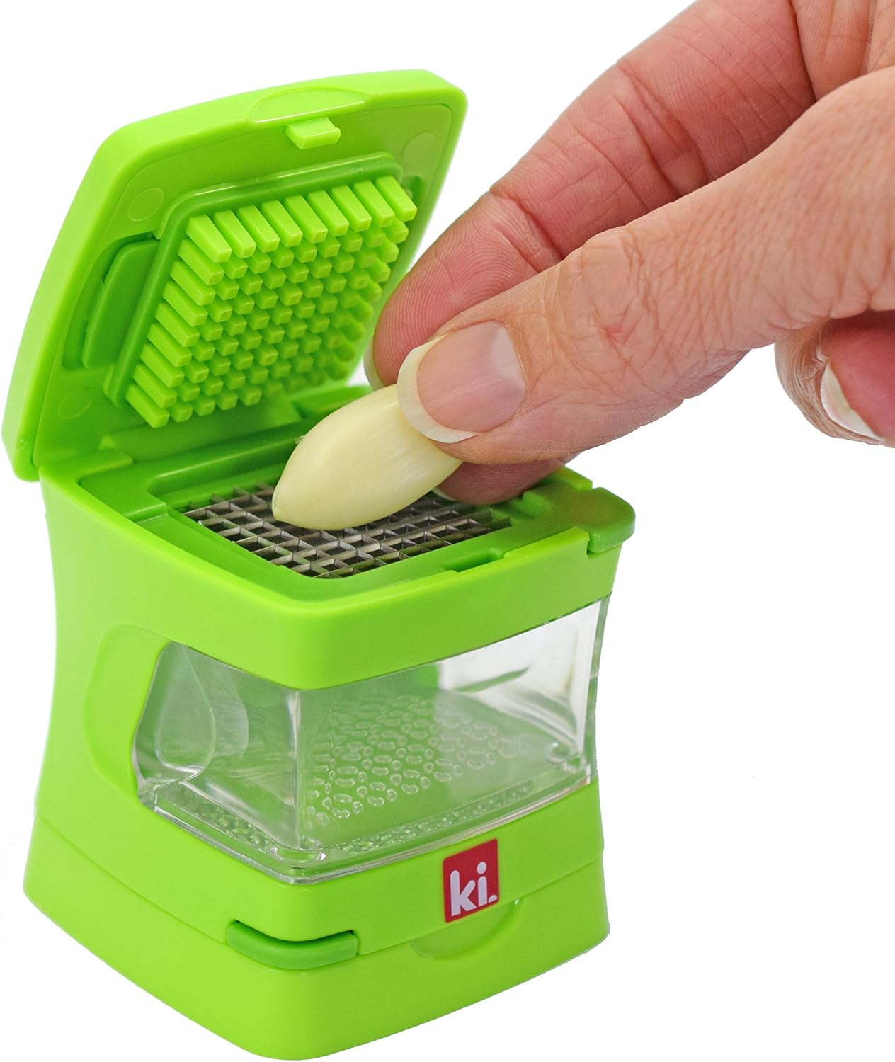 Garlic-A-Peel Garlic Press, Crusher, Cutter, Mincer, and Storage Container - Includes Silicone Garlic Peeler - Easy to Clean - Stainless Steel Blades – (Green), standard - Culinary Roots