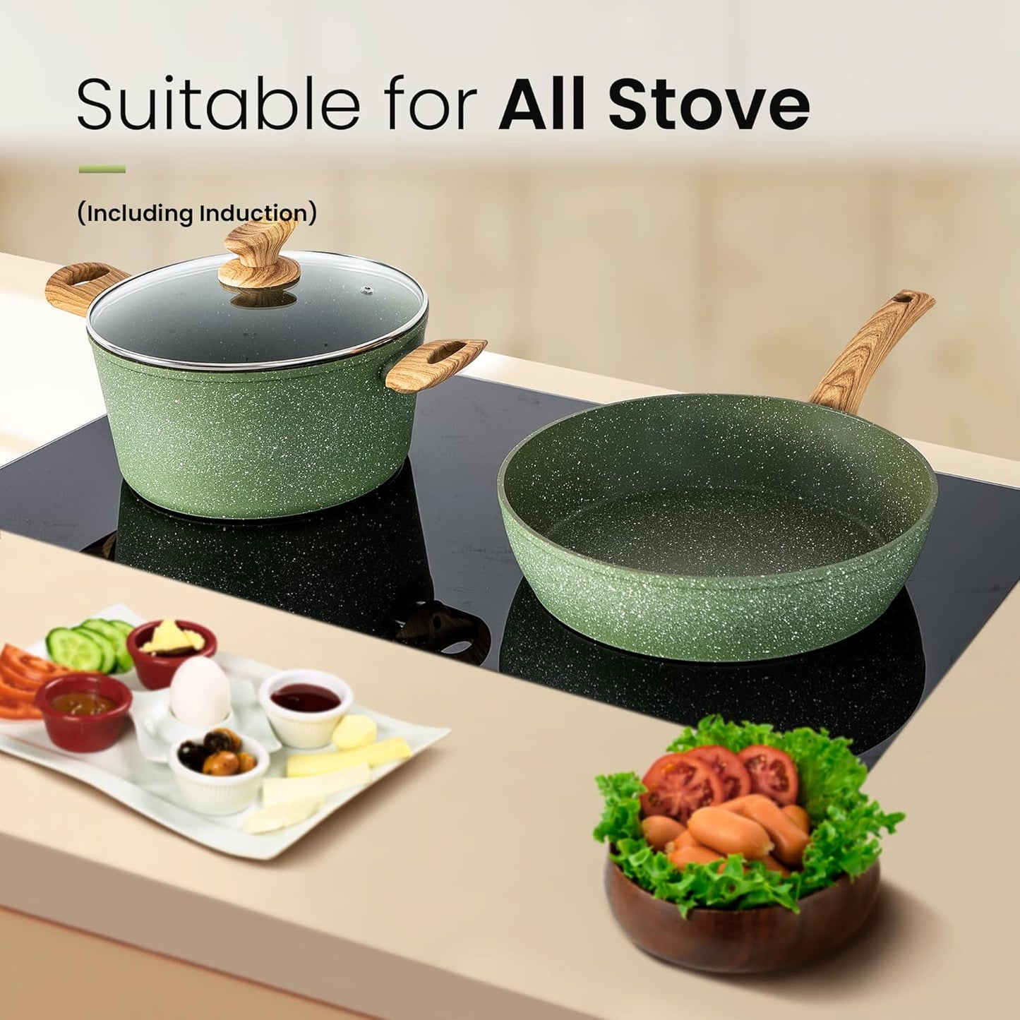 Kitchen Academy Pots and Pans Set Nonstick, 30 Pieces Induction Kitchen Cookware and Bakeware Sets, Green Granite Coating Cooking Pans Set - Culinary Roots
