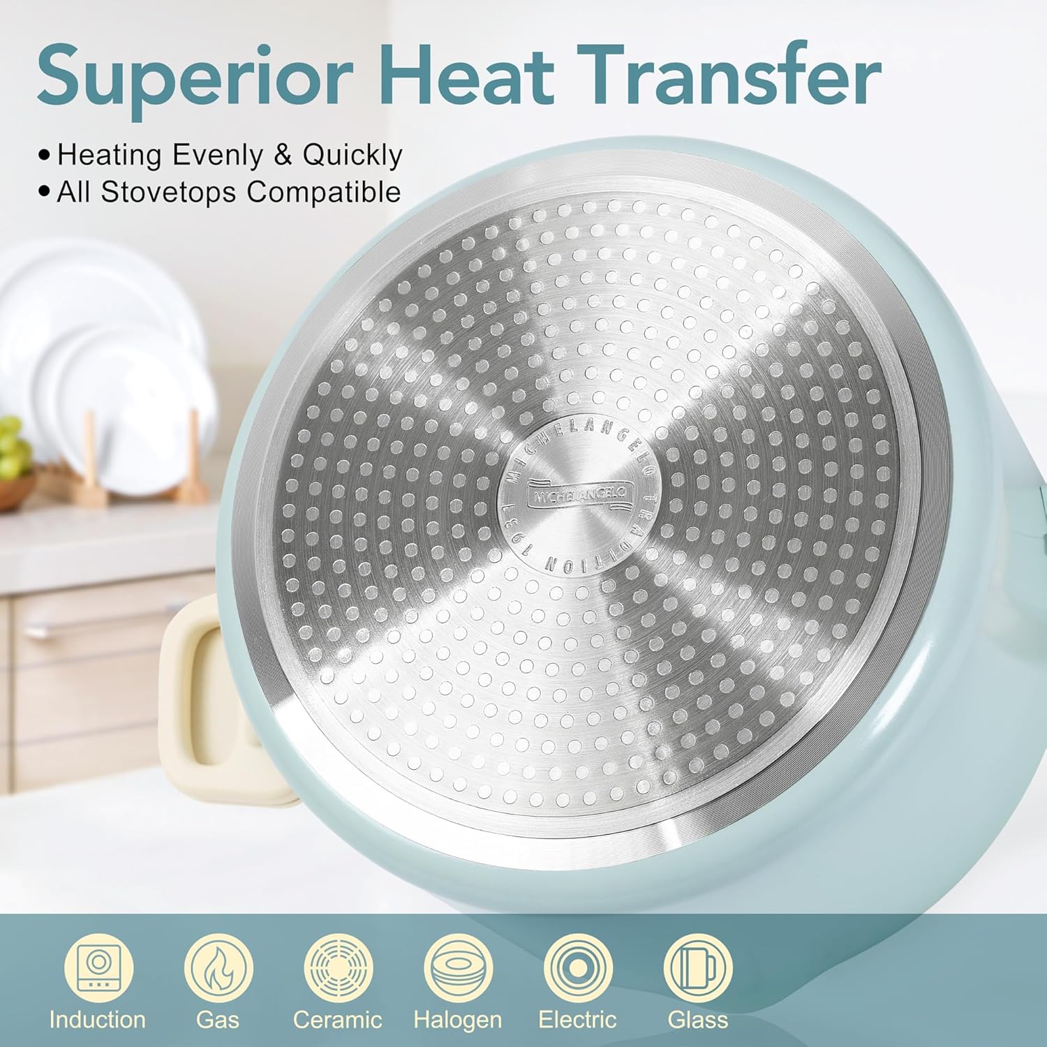 MICHELANGELO Pasta Pot with Strainer Lid - 6 Quart Cooking Pot with Lid, Non Stick Spaghetti Pot Ceramic Coated with Twist and Lock Handles for Easy Draining, Induction Compatible, Soft Aqua - Culinary Roots