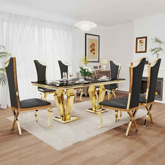 AF ARTISAN FURNITURE 7 Piece Luxury Dining Room Set, Modern Dining Table and Upholstered Chairs Set, Marble Kitchen Table Set for 6, Big Kitchen Dinner Tables Kit with Gold Base