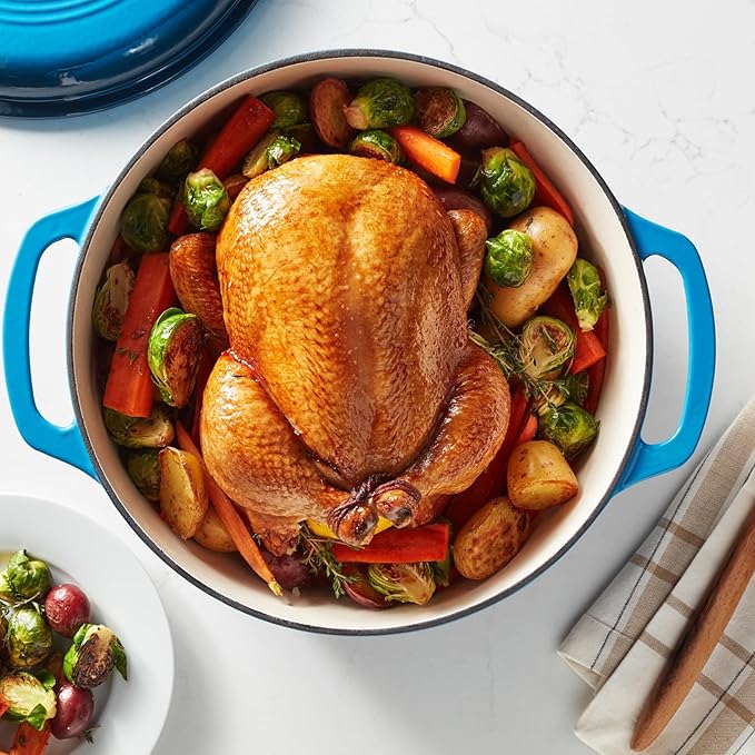 Amazon Basics Enameled Cast Iron Dutch Oven Pot with Lid, Oven Safe, Heavy-Duty, Dual Handles for Roasting and Stews, 7.3-Quart, Blue