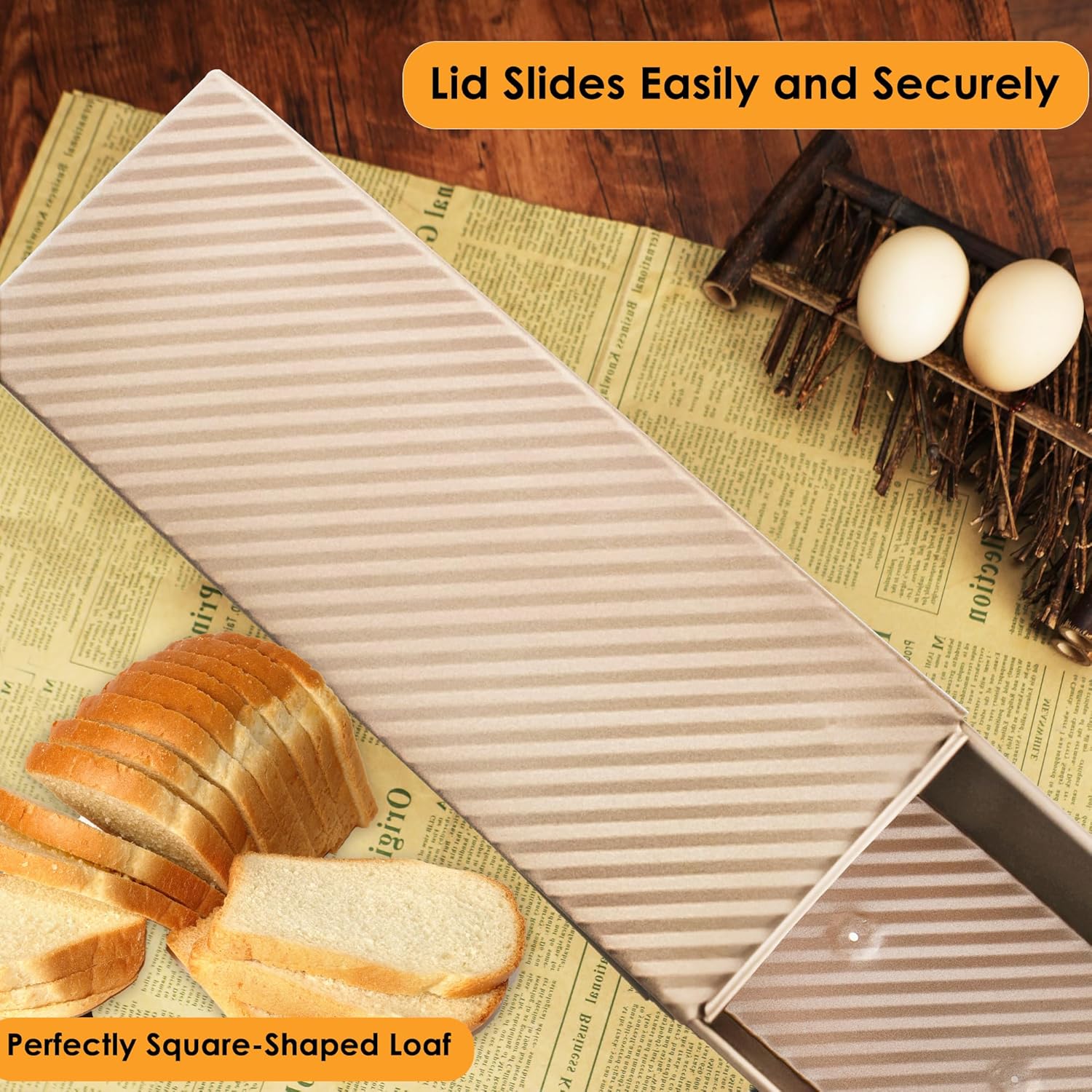 2-pack 2.2lb Gold Pullman Loaf Pan with Lid, Premium Non-Stick Coating Bread Pan, PFTE and PFOA-Free, Safe and Healthy Baking for Homemade Bread with Family-sized Recipes - Culinary Roots