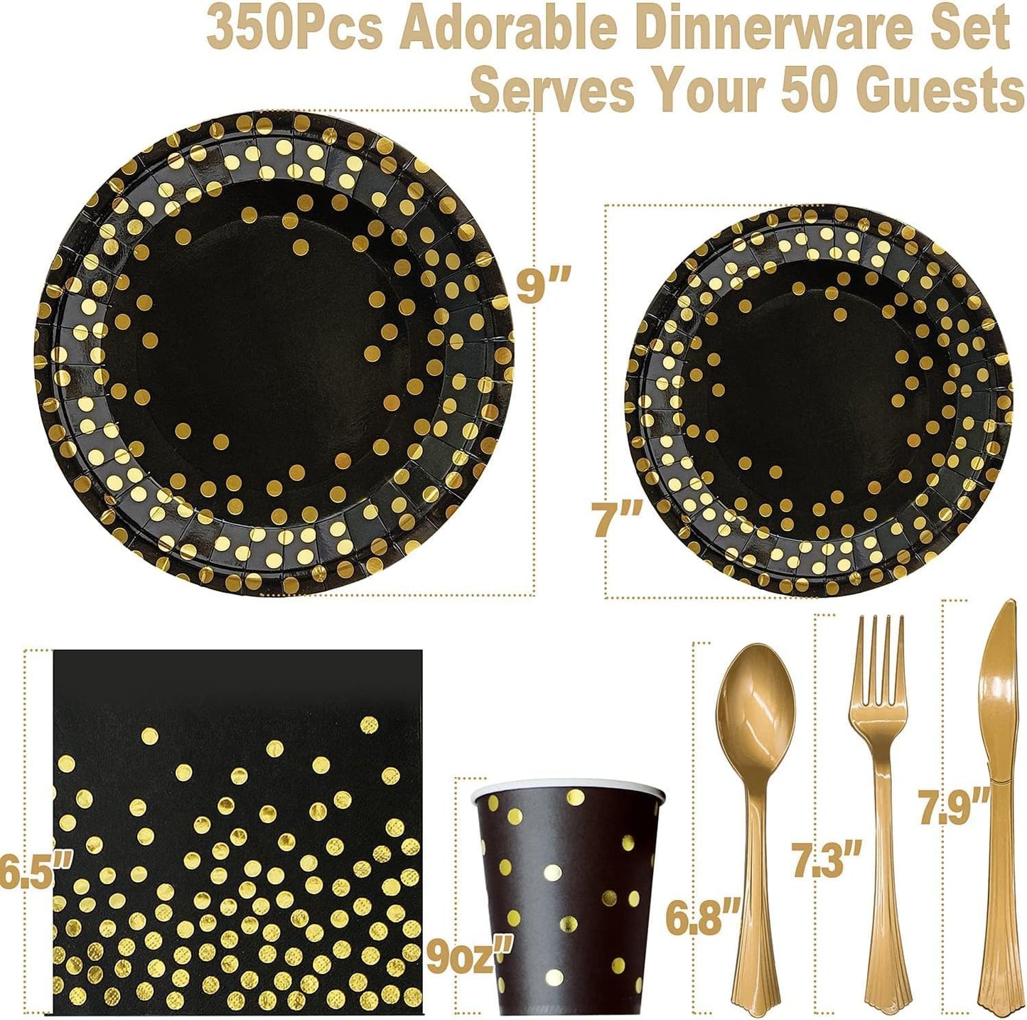 AIRE 350PCS Black Gold Paper Plates Party Supplies Dinnerware Sets for 50 Guests, Disposable Paper Party Plates, Dessert Plates, Cups, Napkins, Plastic Spoons, Forks, Knives for Wedding Birthday