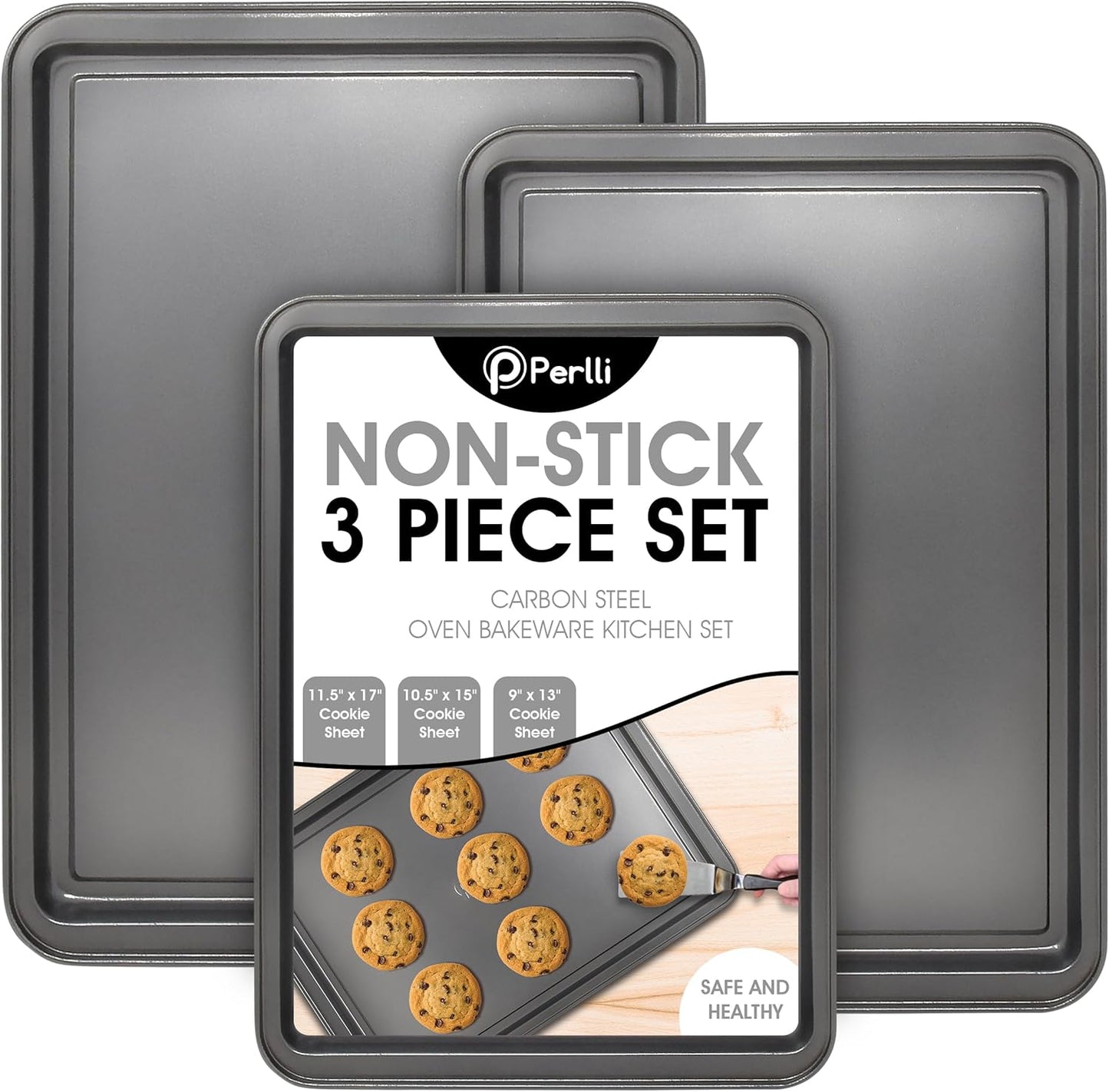PERLLI Non-Stick 3-Piece Baking Pan Set, BPA-Free Gray Carbon Steel Bakeware Set, Stackable Kitchen Oven Set, Cookie Sheet, Baking Tray, Baking Sheet Set, Oven Safe (446°F) - Culinary Roots