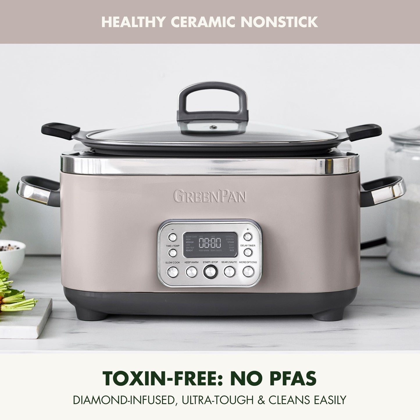 Elite 14-in-1 Programmable 6QT Electric Slow Cooker, Dishwasher Safe Lid & Removable Crock, PFAS-Free Healthy Ceramic Nonstick Multi-Cooker, Sear, Sauté, Brown, Steam Basket, Roast, Clay