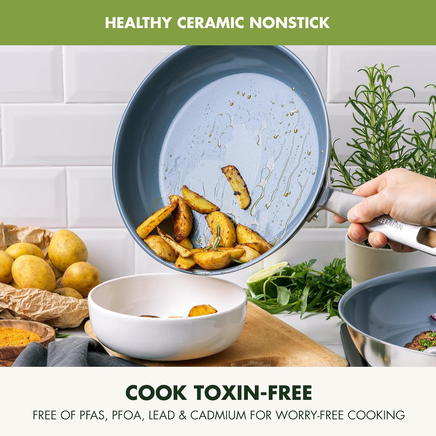 GreenPan Treviso Stainless Steel Healthy Ceramic Nonstick, 12" Frying Pan Skillet with Lid, PFAS-Free,Clad, Induction, Dishwasher Safe, Silver - Culinary Roots