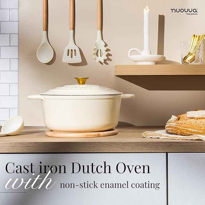 Cast Iron Pot with Lid – Non-Stick Ovenproof Enamelled Casserole Pot, Oven Safe up to 500° F – Sturdy Dutch Oven Cookware – Cream, 5-Quart, 24cm – by Nuovva