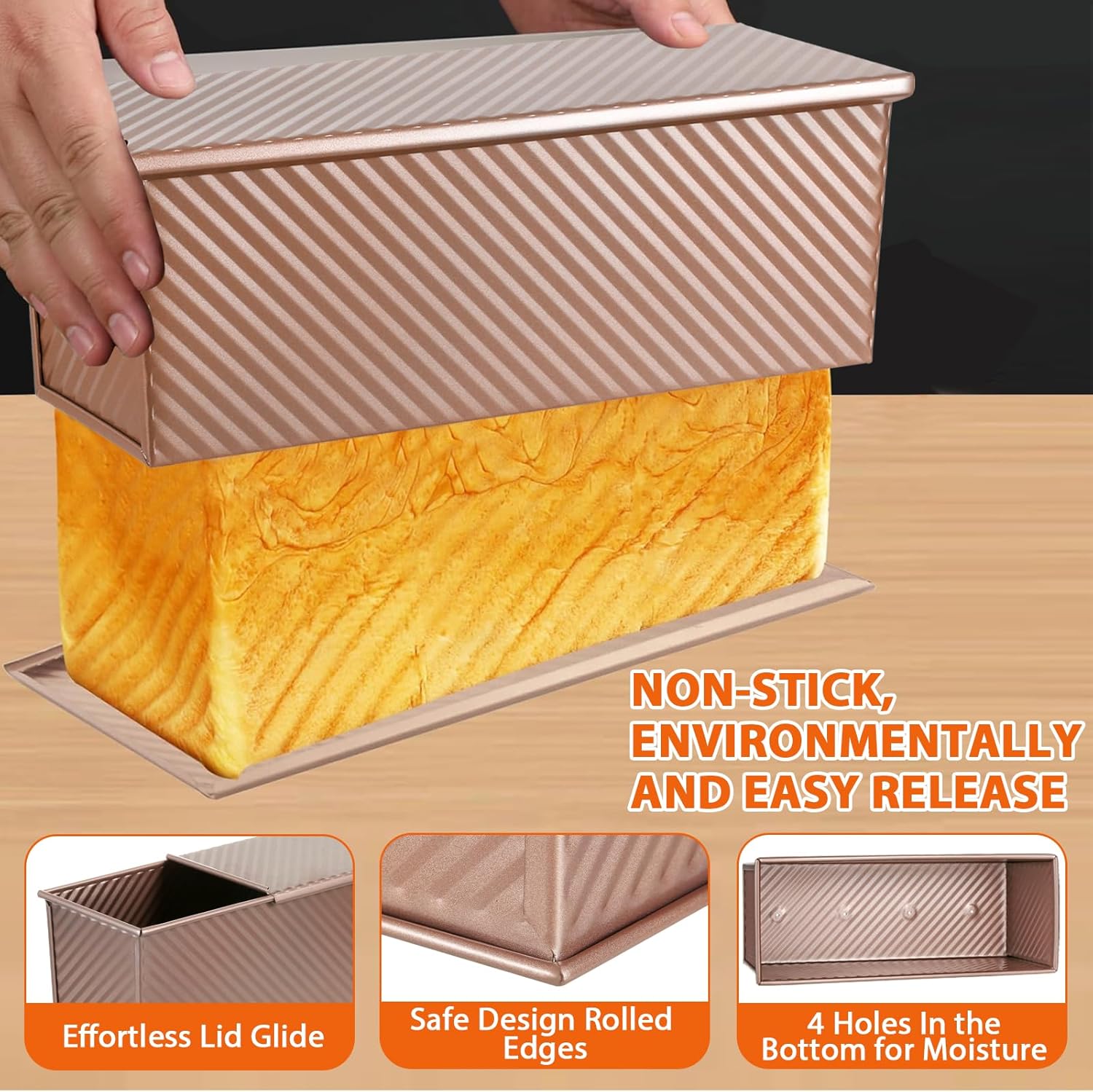 Non-Stick Pullman Loaf Pan with Lid 13x4 Inch - 2.2lb Carbon Steel Bread Baking Pan with 4 Vent Holes, Heavy Duty Sourdough Loaf Pan with Cover for Homemade Sandwich Bread (Gold) - Culinary Roots