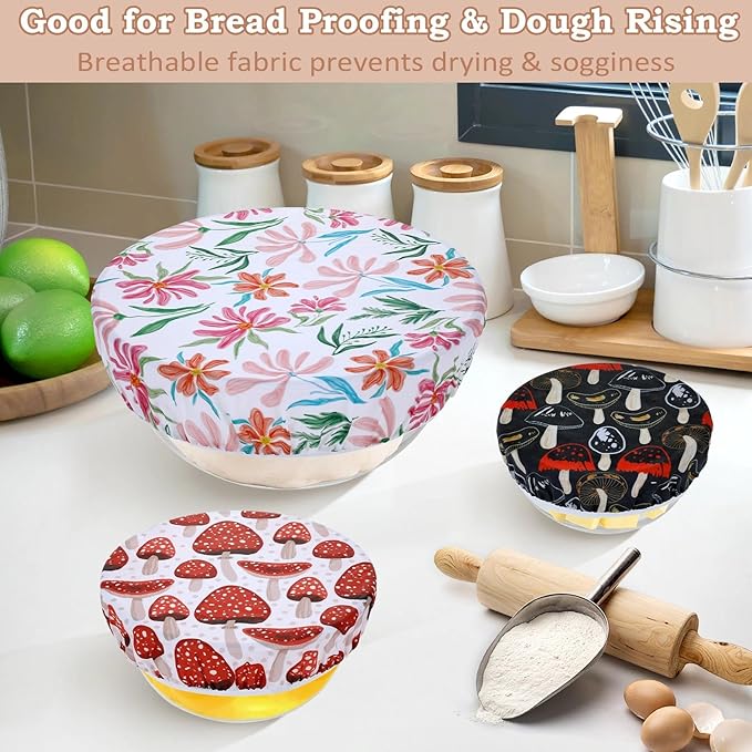 5-Size Reusable Beeswax Bowl Covers for Bread Proofing, Cotton Cloth Flexible Beeswax Wraps for Food Storage(Mushroom)