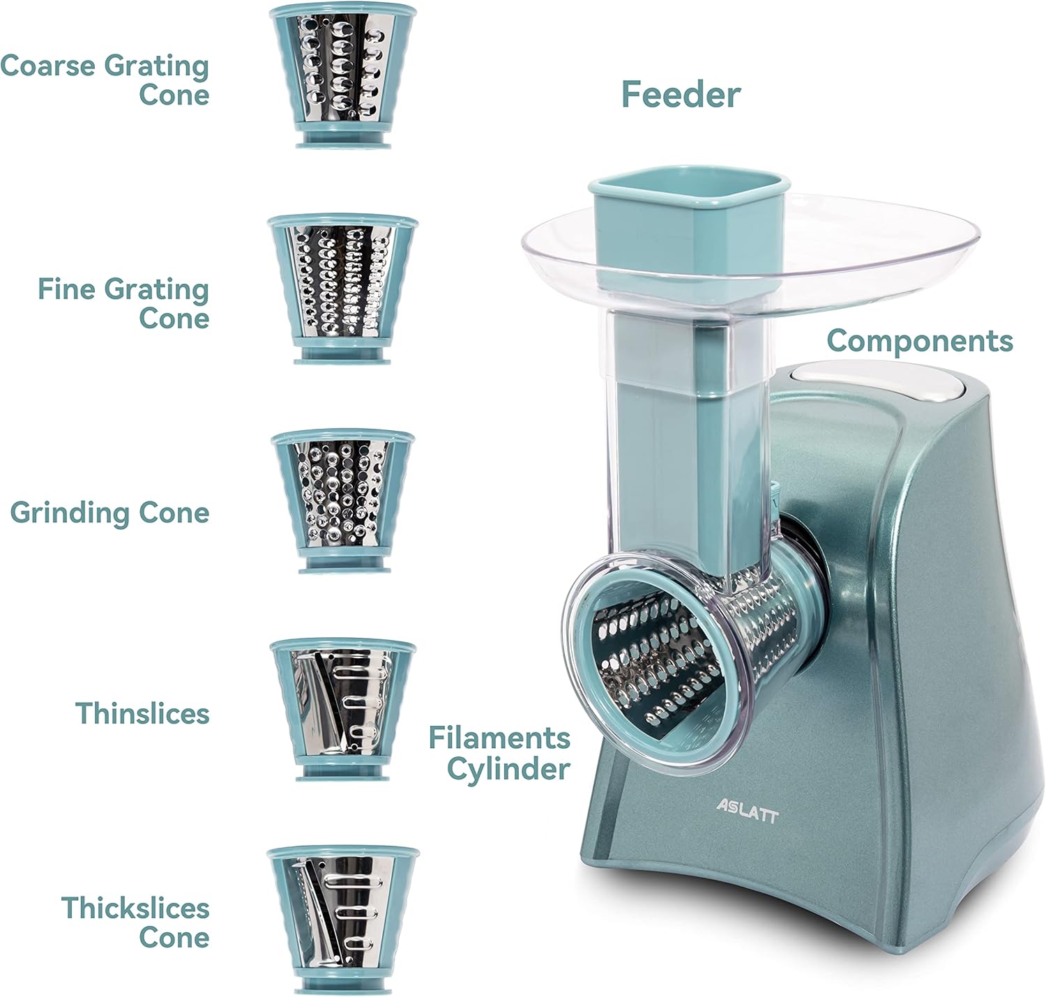 One-Touch Control Cheese Grater Machine - Electric Shredder for Vegetables, Fruits, Potato - Salad Maker with 5 Free Attachments, Green - Culinary Roots