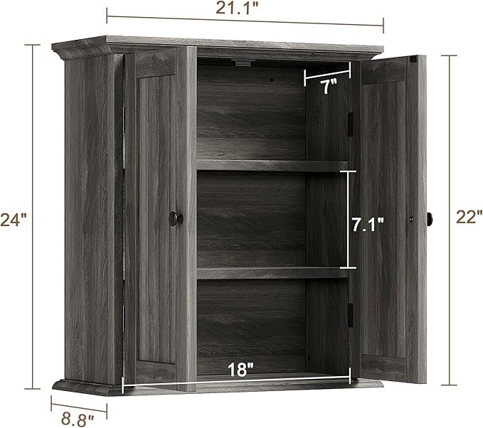 ChooChoo Bathroom Wall Cabinet, Over The Toilet Space Saver Storage Cabinet, Farmhouse Medicine Cabinet with 2 Doors and Adjustable Shelves, Cupboard, Retro Grey