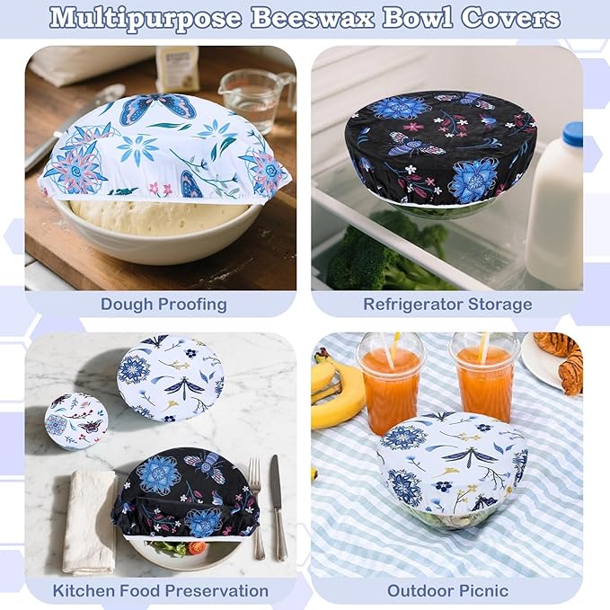 5-Size Reusable Beeswax Bowl Covers for Bread Proofing, Cotton Cloth Flexible Beeswax Wraps for Food Storage(Butterfly)