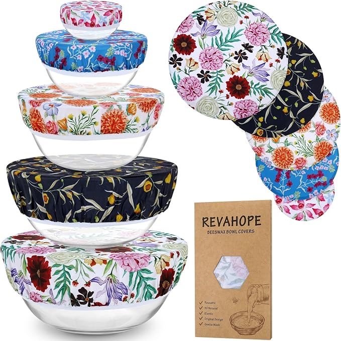 5-Size Reusable Beeswax Bowl Covers for Bread Proofing, Cotton Cloth Flexible Beeswax Wraps for Food Storage(Colorful Floral)