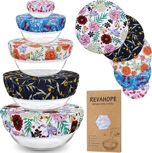 5-Size Reusable Beeswax Bowl Covers for Bread Proofing, Cotton Cloth Flexible Beeswax Wraps for Food Storage(Colorful Floral)