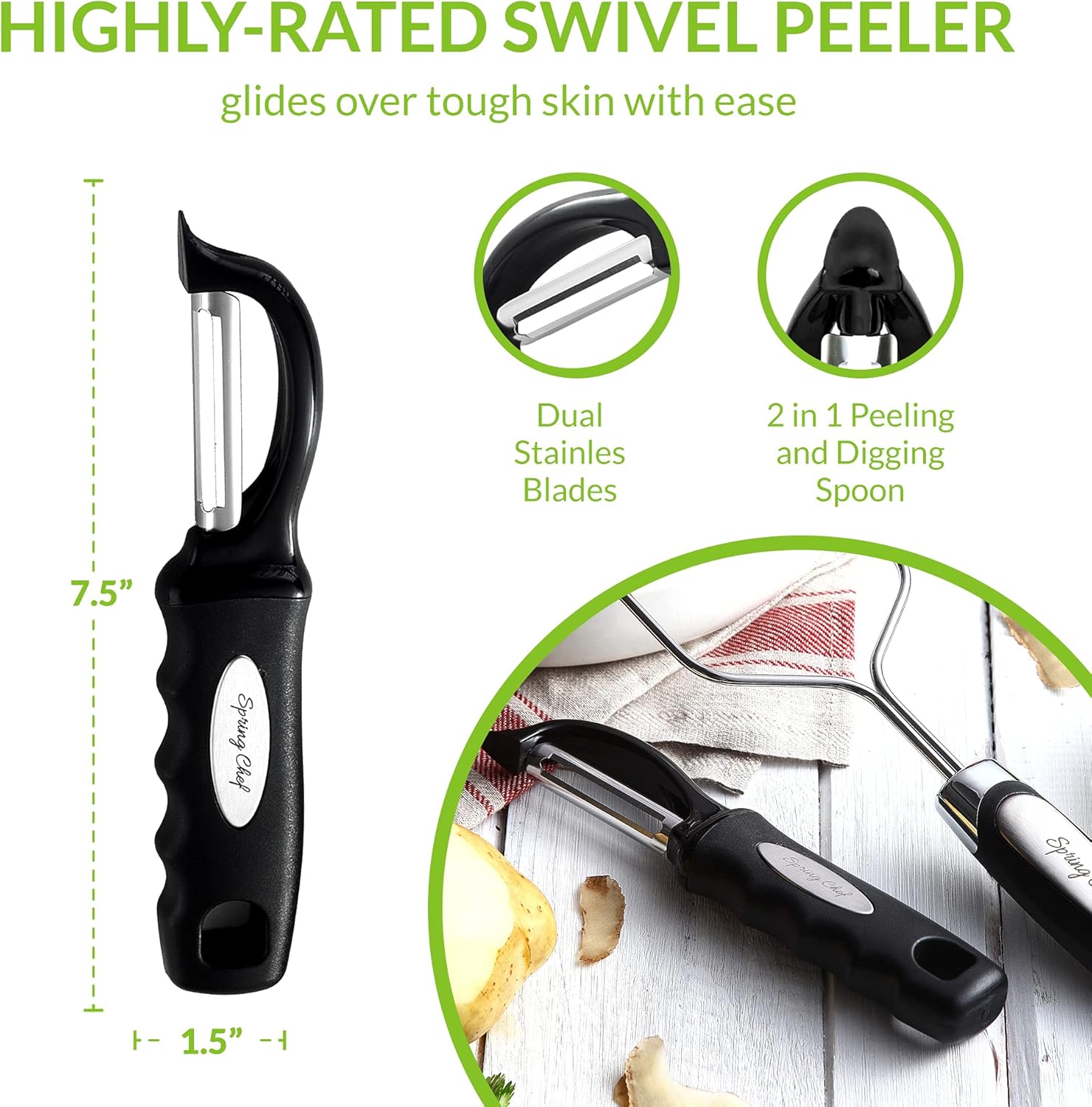Spring Chef Stainless Steel Potato Masher with Premium Vegetable Peeler, Mashed Potato Masher - Kitchen Tool with Soft Non-slip Handle, Metal Food Masher for Fruit, Avocado, Bean, Guacamole, Banana - Culinary Roots