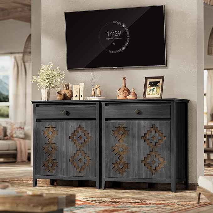 32'' Buffet Cabinet with Storage, Sideboard Cabinet with Drawer and Adjustable Shelf, Modern Accent Storage for Kitchen, Living Room, Entryway, Black