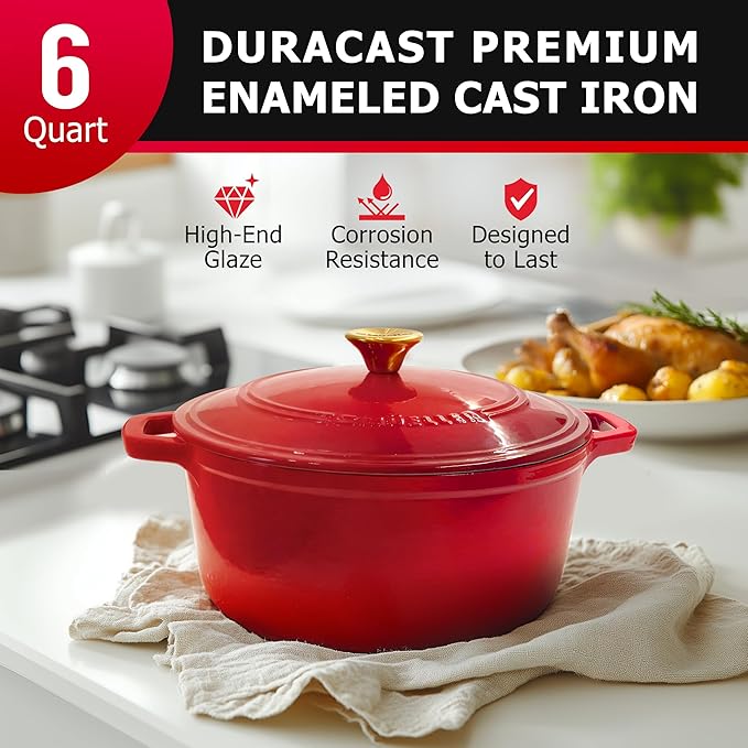 Mueller 6qt Enameled Cast Iron Dutch Oven, Heavy-Duty Casserole and Braiser Pan with Lid and Knob, Oven-Safe up to 500° F & Across All Cooktops, Red