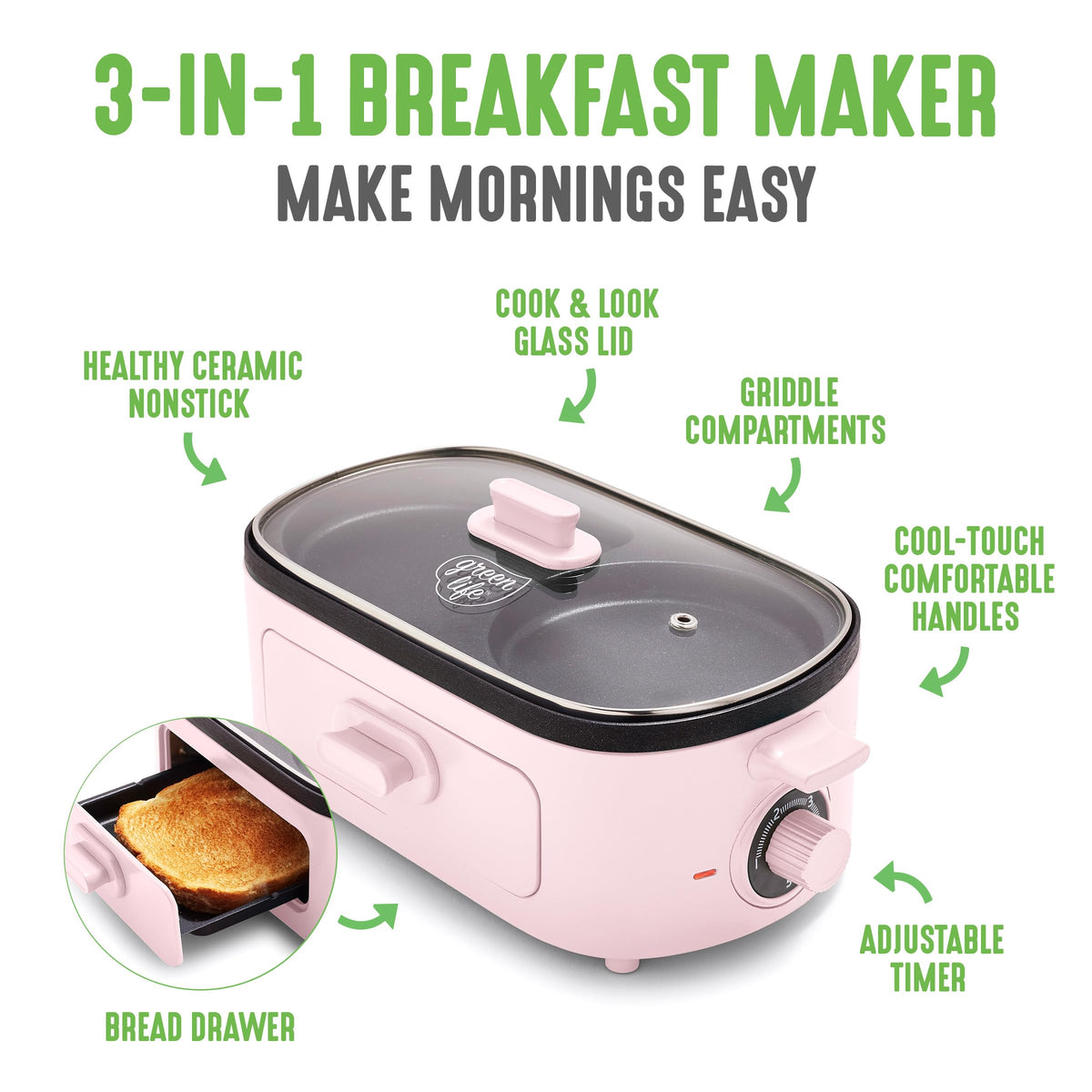 3-in-1 Breakfast Maker Station, Healthy Ceramic Nonstick Dual Griddles for Eggs Meat Sausage Bacon Pancakes and Breakfast Sandwiches, 2 Slice Toast Drawer, Easy-to-use Timer, Pink