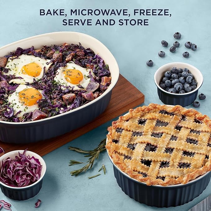 CorningWare Ceramic Bakeware Set with Lids Chip and Crack Resistant Stoneware Baking Dish, Microwave, Dishwasher, Oven, Freezer and Fridge Safe, 12-Piece French Navy