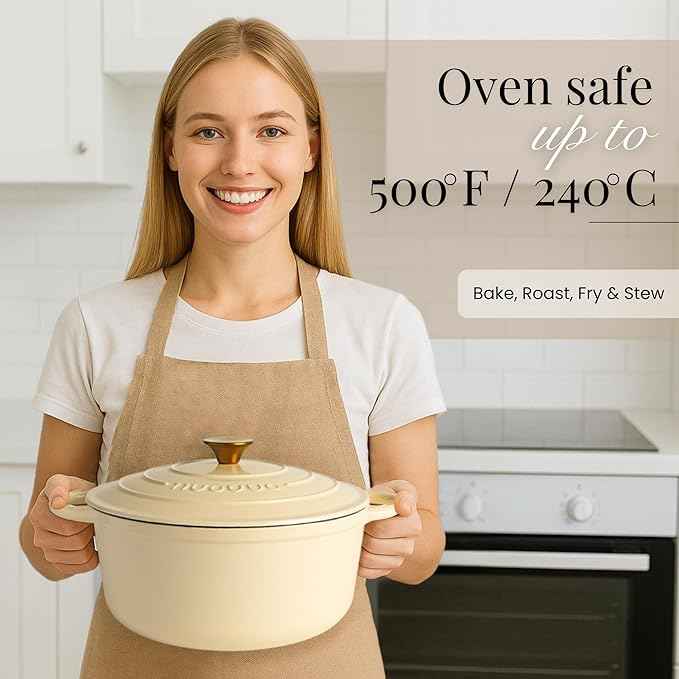 Cast Iron Pot with Lid – Non-Stick Ovenproof Enamelled Casserole Pot, Oven Safe up to 500° F – Sturdy Dutch Oven Cookware – Cream, 5-Quart, 24cm – by Nuovva