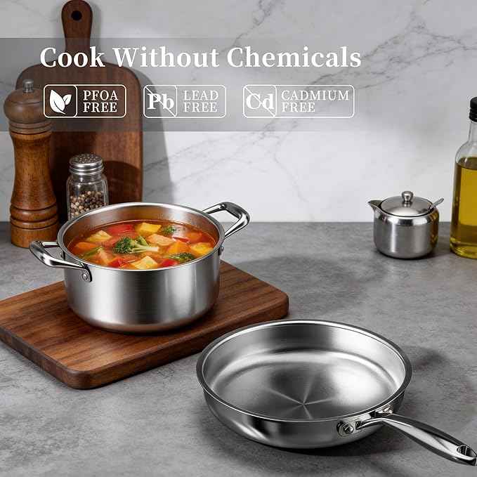 Stainless Steel Cookware Set - VONIKI Tri-ply Stainless Pots And Pans Set with Steamer Basket, Non Toxic Induction Cookware, Kitchen Cookware Sets PFOA & PTFE Free, Dishwasher and Oven Safe