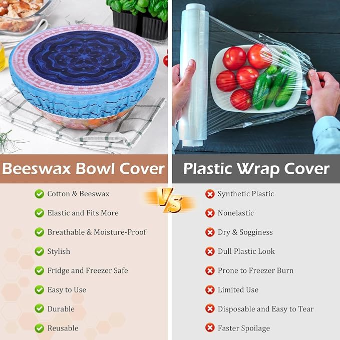 5-Size Reusable Beeswax Bowl Covers for Bread Proofing, Cotton Cloth Flexible Beeswax Wraps for Food Storage(Colorful Concentric Circle)