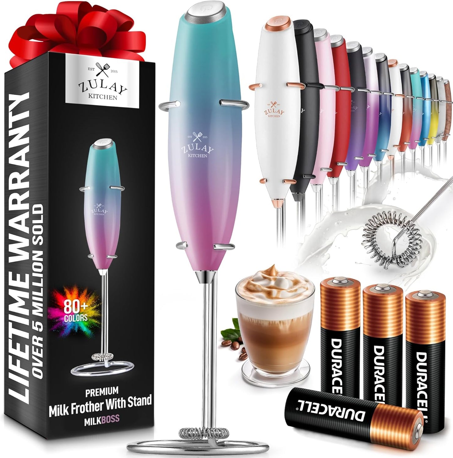 Zulay Kitchen Powerful Milk Frother Wand With 4 AA Duracell Batteries - Ultra Fast Handheld Drink Mixer - Electric Whisk Foam Maker for Coffee, Lattes, Cappuccino, Matcha & Creamer - - Culinary Roots