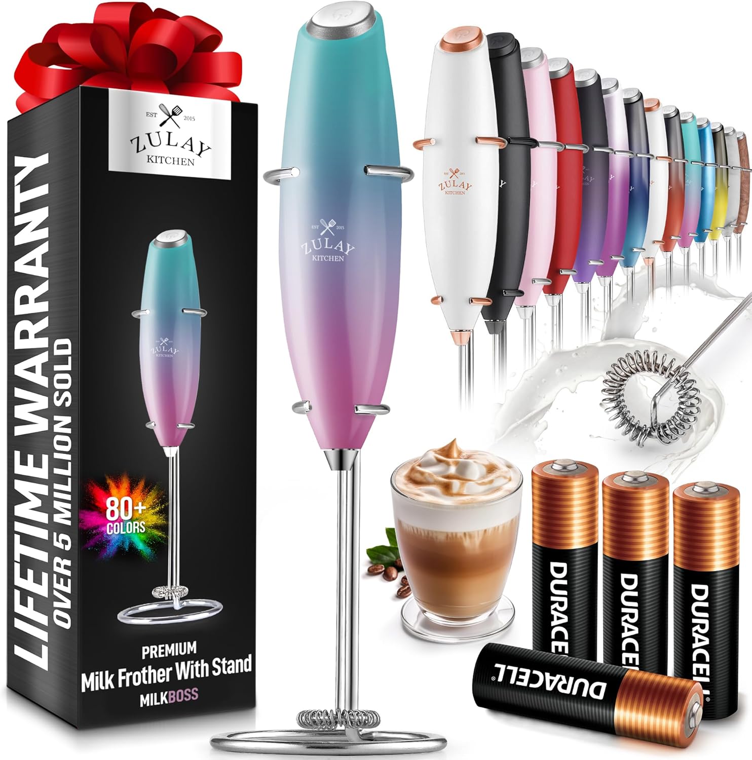 Zulay Kitchen Powerful Milk Frother Wand With 4 AA Duracell Batteries - Ultra Fast Handheld Drink Mixer - Electric Whisk Foam Maker for Coffee, Lattes, Cappuccino, Matcha & Creamer - - Culinary Roots