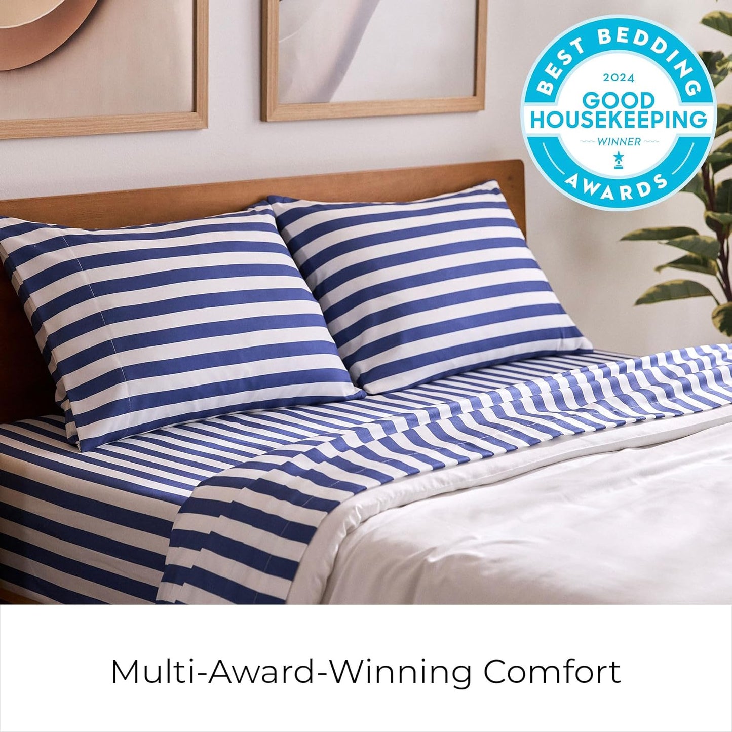 Mellanni Split King Sheets Set - 5 PC Iconic Collection Bedding - Hotel Luxury, Extra Soft, Cooling Bed Sheets - Wrinkle, Fade, Stain Resistant (Split King, Oxford Stripe Blue Nova)