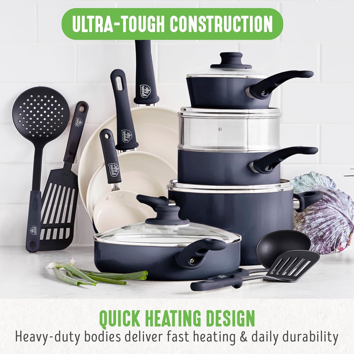 GreenLife 16 Piece Nonstick Cookware Set, Soft Grip Non-Toxic PFAS-Free Ceramic Pots & Pans, Dishwasher & Oven Safe, Frying, Sauce, Utensils, Glass Lids, Stay-Cool Handles, Wobble Free, Black & Cream - Culinary Roots
