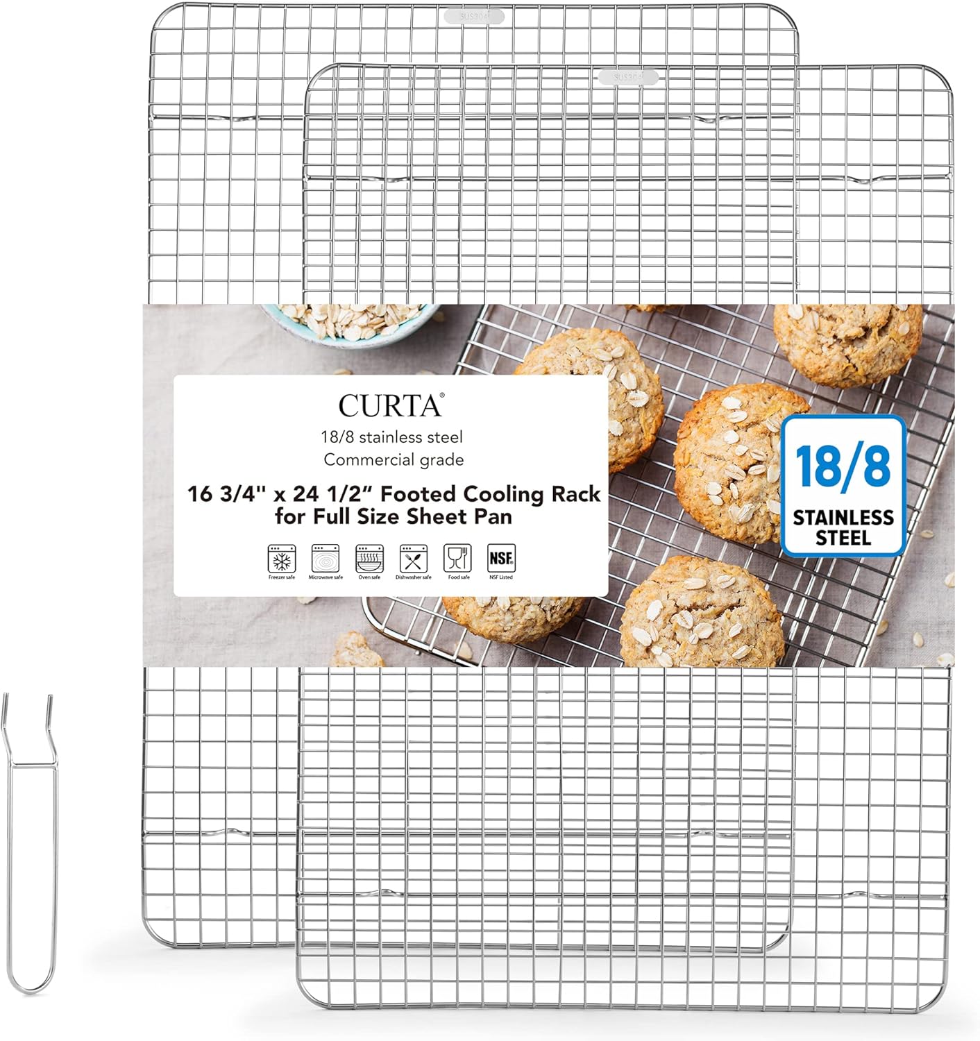 CURTA 2 Pack Chef Cooling Rack,NSF Listed 18/8 Stainless Steel Oven Safe Grid Wire Cookie Cooling Racks for Baking & Cooking - 16.8" X 24.4" Commercial Grade comes with Lifting Handle … - Culinary Roots