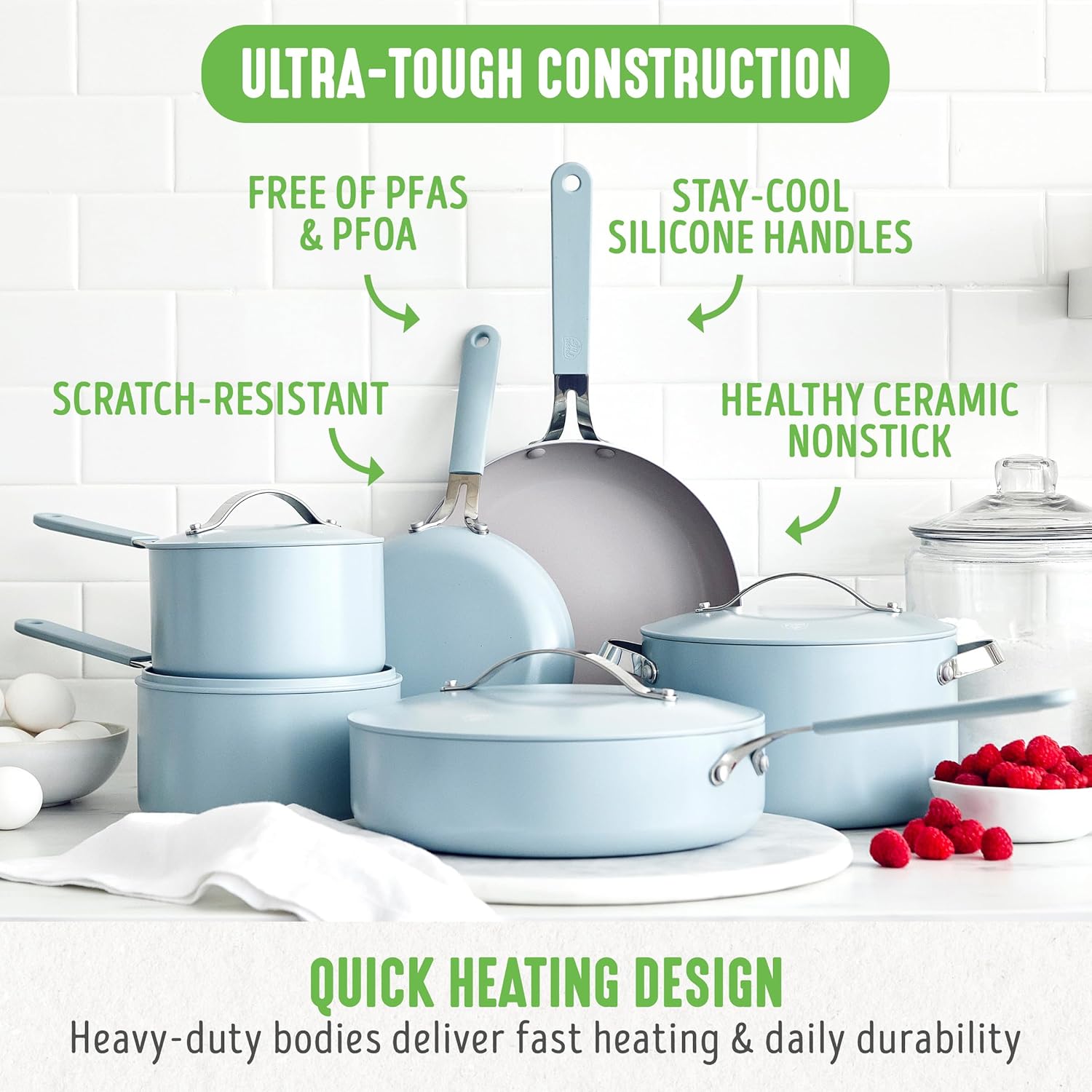 GreenLife 10-Piece Nonstick Ceramic Cookware Set, Lightweight Healthy PFAS-Free Pots & Pans with Lids, Dishwasher & Oven Safe, Durable Body, Silicone Stay-Cool Handles, Easy Release, Blue Haze - Culinary Roots