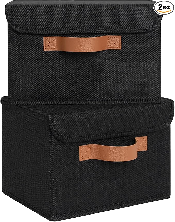 GRANNY SAYS Small Storage Bins with Lids, Small Storage Boxes, Shelf Baskets for Shelf, Collapsible Storage Bins for Living Room, Bedroom, 10x8x7 Inch, Black, 2-Pack