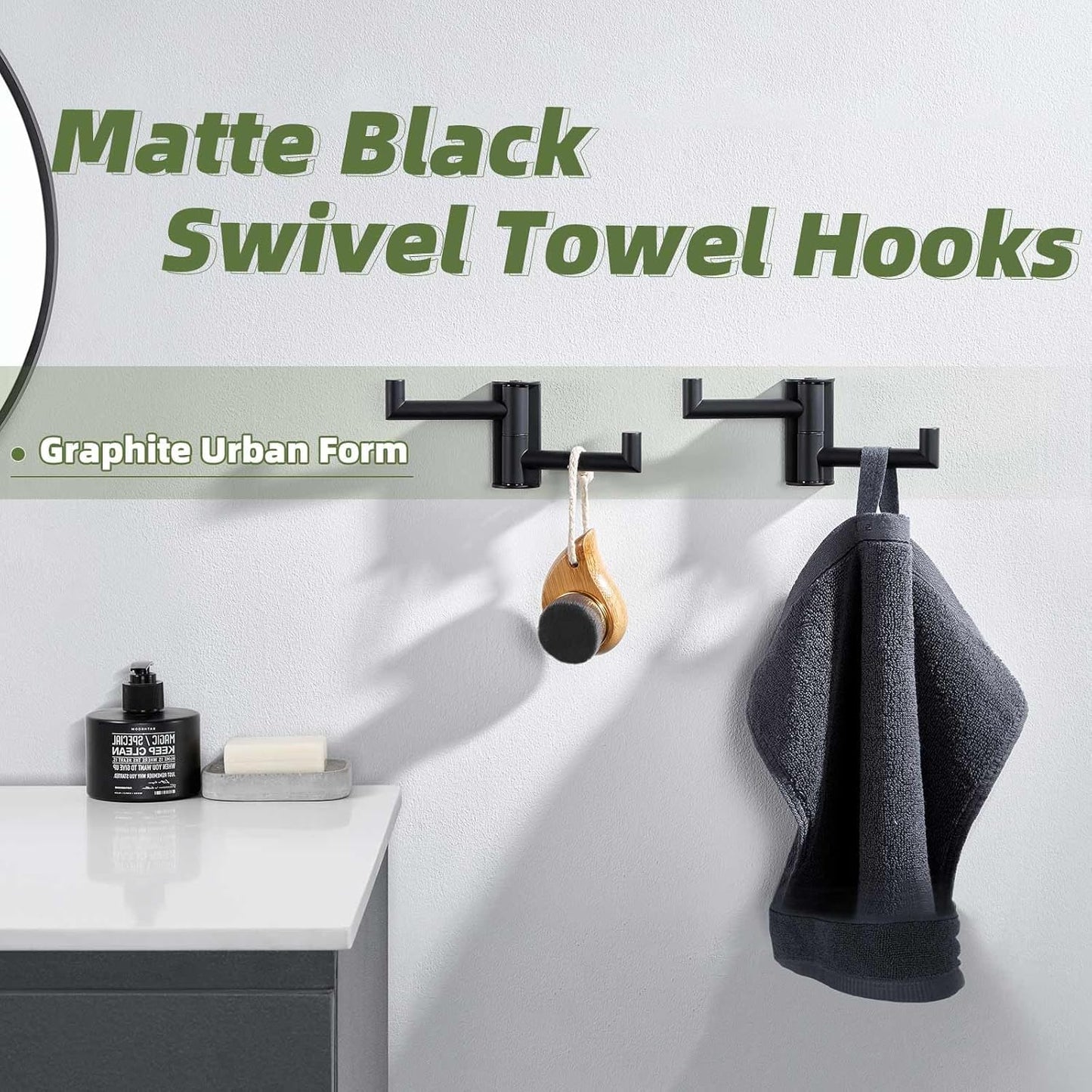 APLusee Swivel Towel Hook Matte Black 2 Pack, 304 Stainless Steel Towel Holder Bathroom Robe Hook, Folding Wall Hook Wall Mounted