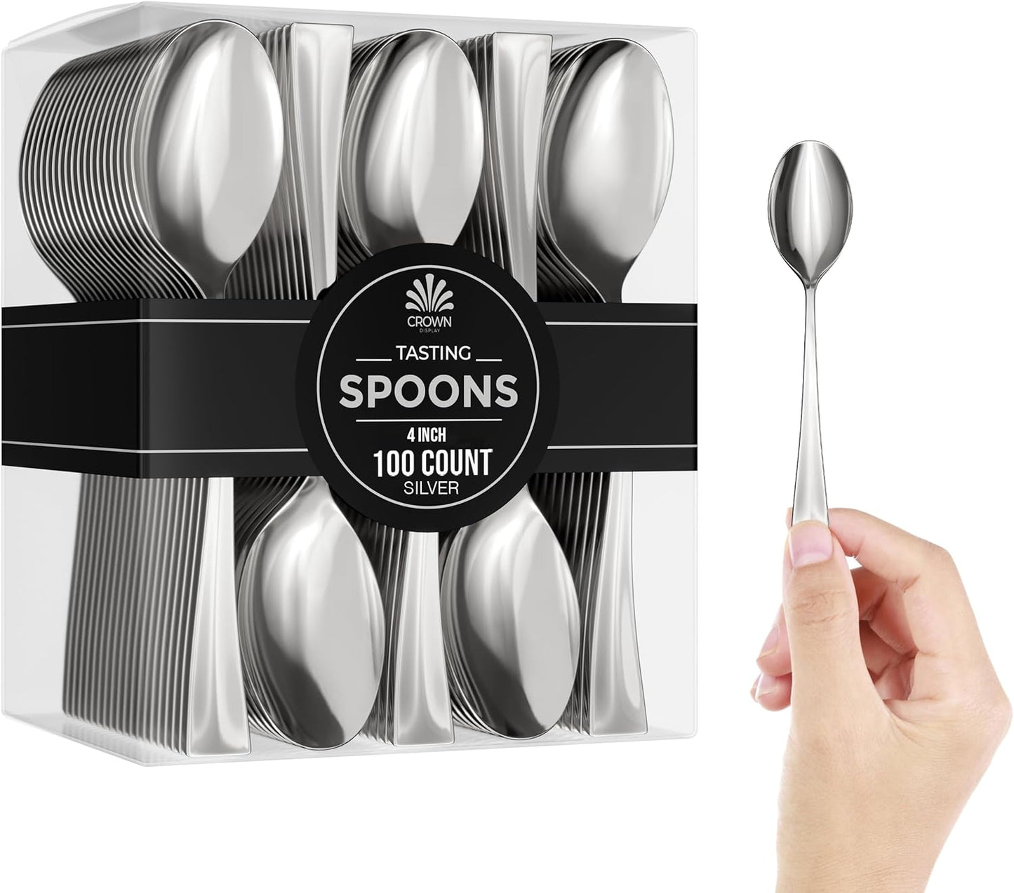 Mini Dessert Spoons - Bulk Pack of 100 Mini Silver Disposable Spoons - 4 Inch Plastic - Bpa Free - Food Safe