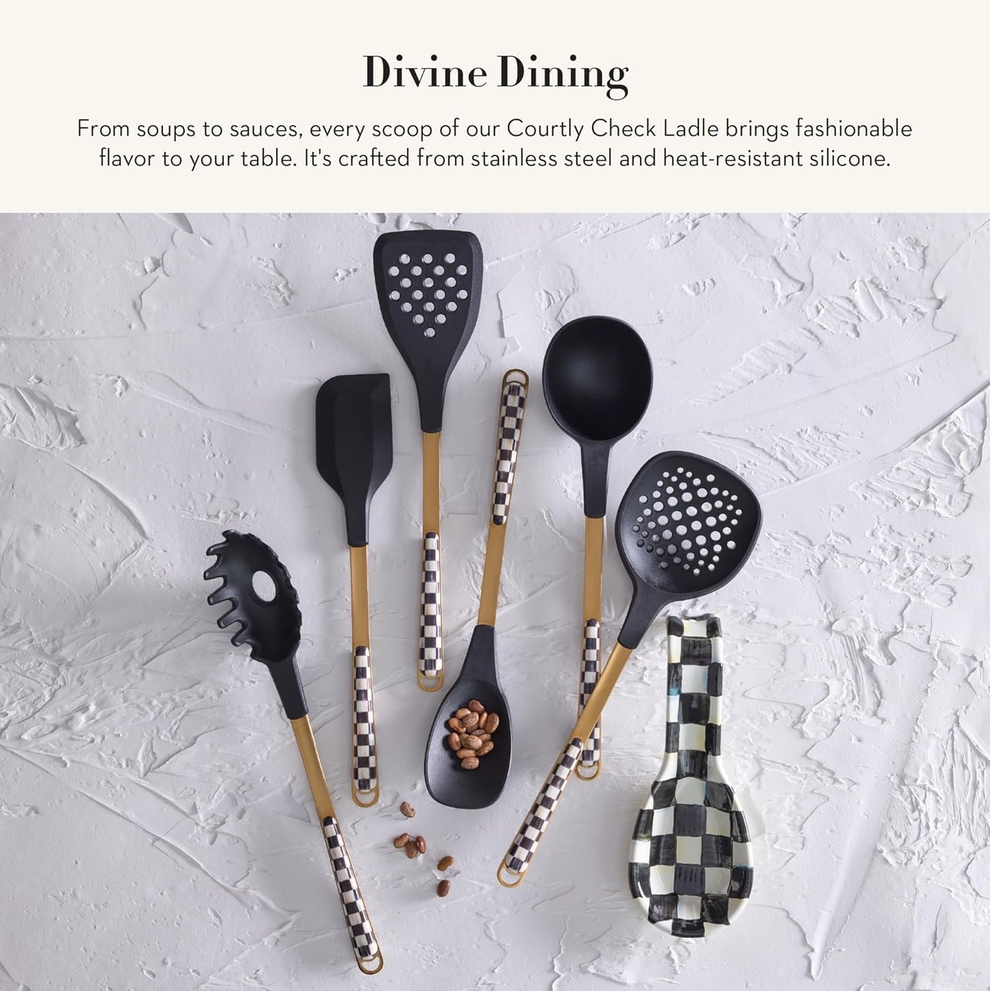 MACKENZIE-CHILDS Kitchen Ladle, Silicone Ladle Spoon for Cooking, Black-and-White Courtly Check - Culinary Roots