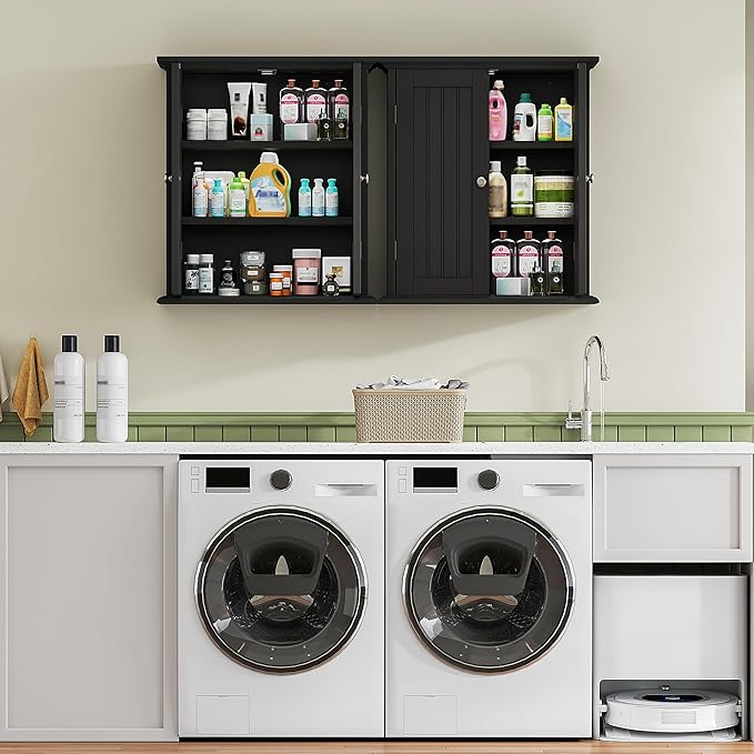 ChooChoo Bathroom Wall Cabinet, Over The Toilet Space Saver Storage Cabinet, Medicine Cabinet with 2 Door and Adjustable Shelves, Cupboard, Black