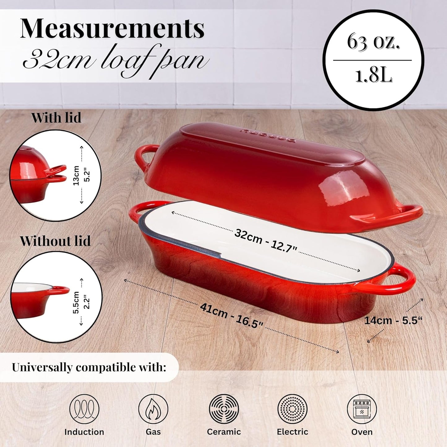 Enamelled Cast Iron Bread Loaf Pot – Dutch Oven For Sourdough Bread Baking – Oven Safe Non Stick Bread Pot – Rectangular, Red, 34cm x 16cm – by Nuovva - Culinary Roots