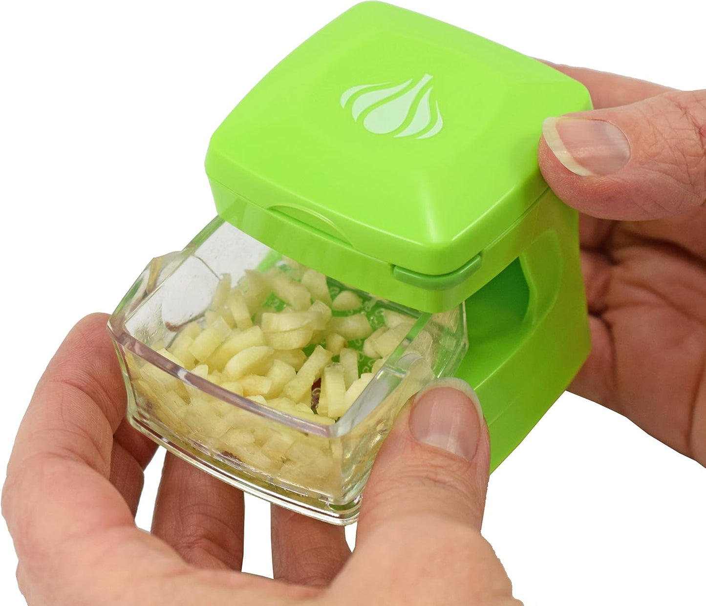 Garlic-A-Peel Garlic Press, Crusher, Cutter, Mincer, and Storage Container - Includes Silicone Garlic Peeler - Easy to Clean - Stainless Steel Blades – (Green), standard - Culinary Roots