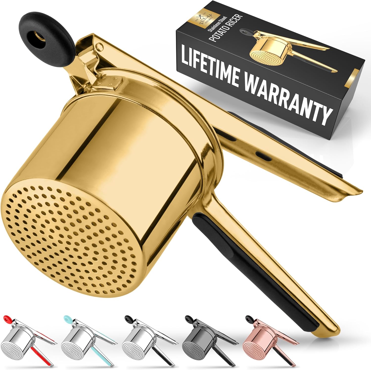 Zulay Kitchen Large 15oz Potato Ricer, Heavy Duty Stainless Steel Potato Masher and Ricer for Mashed Potatoes, Mashed Potato Masher & Potato Press Gadget for Perfect Mashed Potatoes - Gold/Black - Culinary Roots