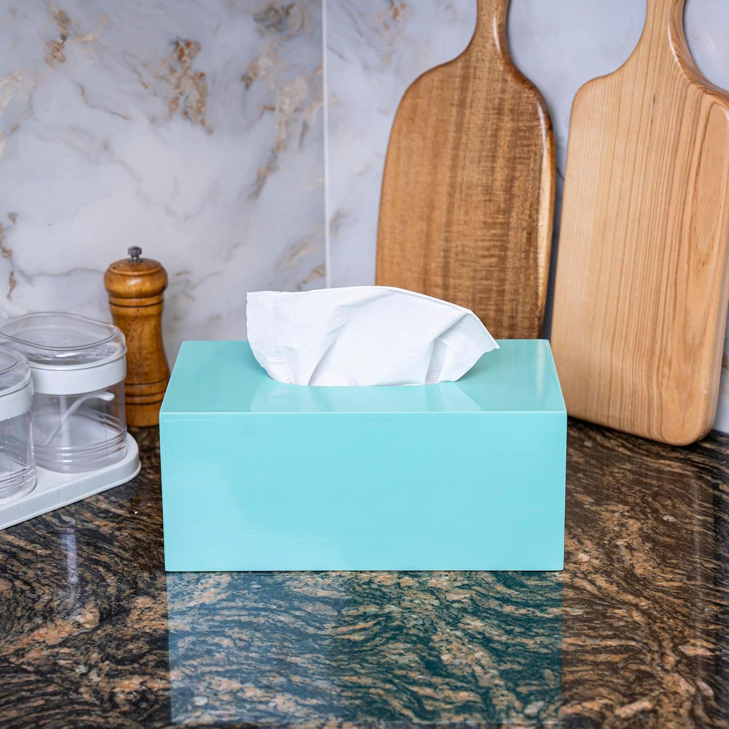 PEMAR Rectangular Lacquer Tissue Box, Handmade Rectangle Tissue Holder Decorative Napkin Dispenser Organizer Rustic Farmhouse Vintage Decor (Aqua)