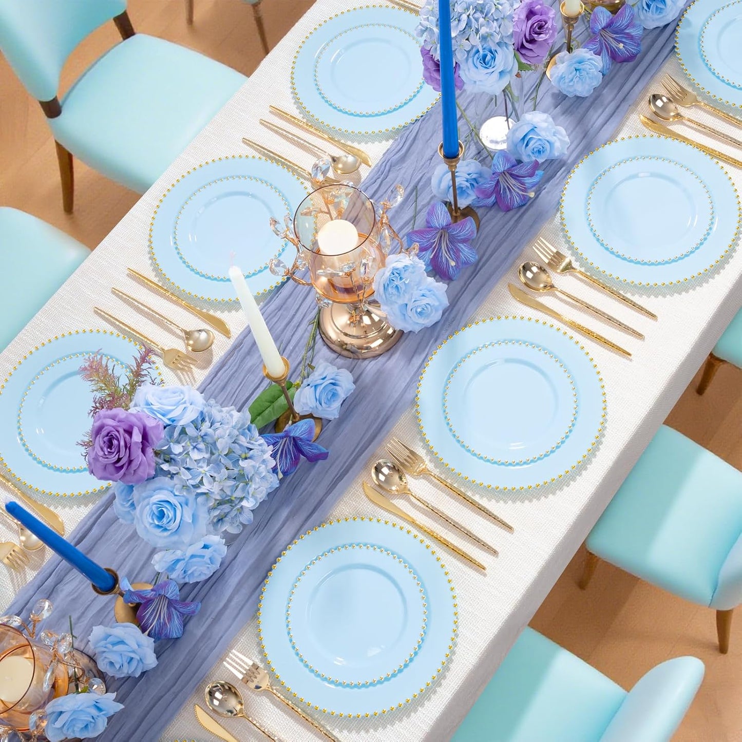 supernal 100PCS Blue Plastic Plates with Gold Beads - Disposable Heavy Duty Elegant Light Blue Plastic Plates Set Include 50 Dinner Plate and 50 Dessert Plate Perfect for Wedding, Birthday & Party